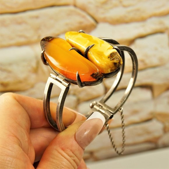 SUPER RARE MODERNIST AMBER STERLING BRACELET, HEAVY HINGED BANGLE 7" - Picture 11 of 11